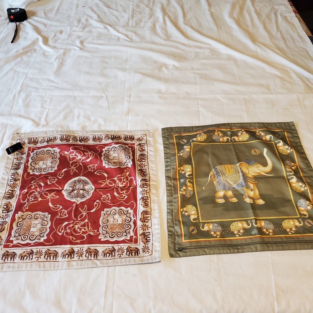 Jim Thompson Thai Elephant Pillow Covers Set of 2 Red Olive Green 18x18 NWT